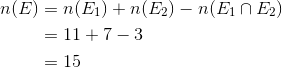 \begin{align*} n(E)&=n(E_{1})+n(E_{2})-n(E_{1}\cap E_{2})\\ &= 11+7- 3\\ &= 15\\ \end{align*}