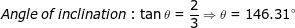 Angle\:of\: inclination: \tan \theta =\frac{2}{3}\Rightarrow \theta =146.31^{\circ}