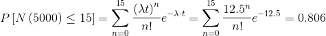 P\left [ N\left ( 5000 \right )\leq 15 \right ]=\sum_{n=0}^{15}\frac{\left (\lambda t \right )^{n}}{n!}e^{-\lambda\cdot t}= \sum_{n=0}^{15}\frac{12.5^{n}}{n!}e^{-12.5}=0.806