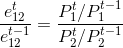 \frac{e^t_{12}}{e^{t-1}_{12}}=\frac{P^t_1/P^{t-1}_1}{P^t_2/P^{t-1}_2}