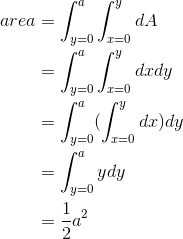 \begin{align*} area&=\int_{y=0}^{a}\int_{x=0}^{y}dA \\&=\int_{y=0}^{a}\int_{x=0}^{y}dxdy \\&=\int_{y=0}^{a}(\int_{x=0}^{y}dx)dy \\&=\int_{y=0}^{a}ydy \\&=\frac{1}{2}a^{2} \end{align*}