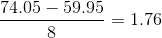 \frac{74.05-59.95}{8}=1.76