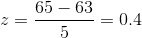 z=\frac{65-63}{5}=0.4