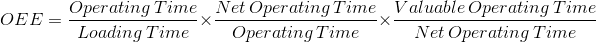 OEE=\frac{Operating\, Time}{Loading\, Time} \times \frac{Net \, Operating\, Time}{Operating\, Time} \times \frac{Valuable\, Operating \, Time}{Net\, Operating \, Time}