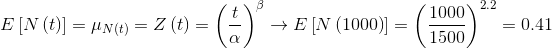 E\left [ N\left ( t \right ) \right ]=\mu _{N\left ( t \right )}=Z\left ( t \right )=\left ( \frac{t}{\alpha } \right )^{\beta }\rightarrow E\left [ N\left ( 1000 \right ) \right ]=\left ( \frac{1000}{1500} \right )^{2.2}=0.41