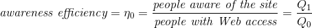 \textit{awareness efficiency} = \eta_{0} = \frac{\textit{people aware of the site}}{\textit{people with Web access}} = \frac{Q_1}{Q_0}