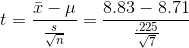 t=\frac{\bar{x}-\mu }{\frac{s}{\sqrt{n}}}=\frac{8.83-8.71}{\frac{.225}{\sqrt{7 }}}