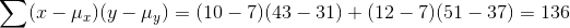 \sum (x-\mu_{x})(y-\mu_{y})=(10-7)(43-31)+(12-7)(51-37)=136