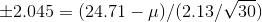 \pm 2.045=(24.71-\mu)/(2.13/\sqrt{30})