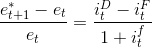 \frac{e^*_{t+1}-e_t}{e_t}=\frac{i^D_t-i^F_t}{1+i^f_t}