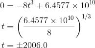 \begin{align*} 0 &=-8t^3+6.4577\times 10^{10} \\ t&=\left ( \frac{6.4577\times 10^{10}}{8} \right )^{1/3} \\ t&= \pm 2006.0 \end{align*}