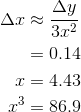 \begin{align*} \Delta x &\approx \frac{\Delta y}{3x^2} \\ &=0.14 \\ x&=4.43 \\ x^3&=86.9 \end{align*}