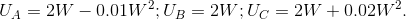 U_A =2W -0.01W^2; U_B = 2W; U_C = 2W +0.02W^2.