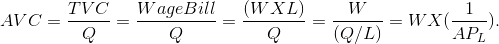 AVC =\frac{TVC}{} Q =\frac{Wage Bill}{} Q =\frac{(W XL)}{} Q =\frac{W}{(Q/L)} =W X(\frac{1}{AP_L} ) .