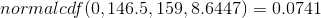 normalcdf (0, 146.5, 159, 8.6447) = 0.0741