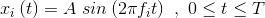 x_{i}\left ( t \right )=A\ sin\left ( 2\pi f_{i}t \right )\ ,\ 0\leq t\leq T